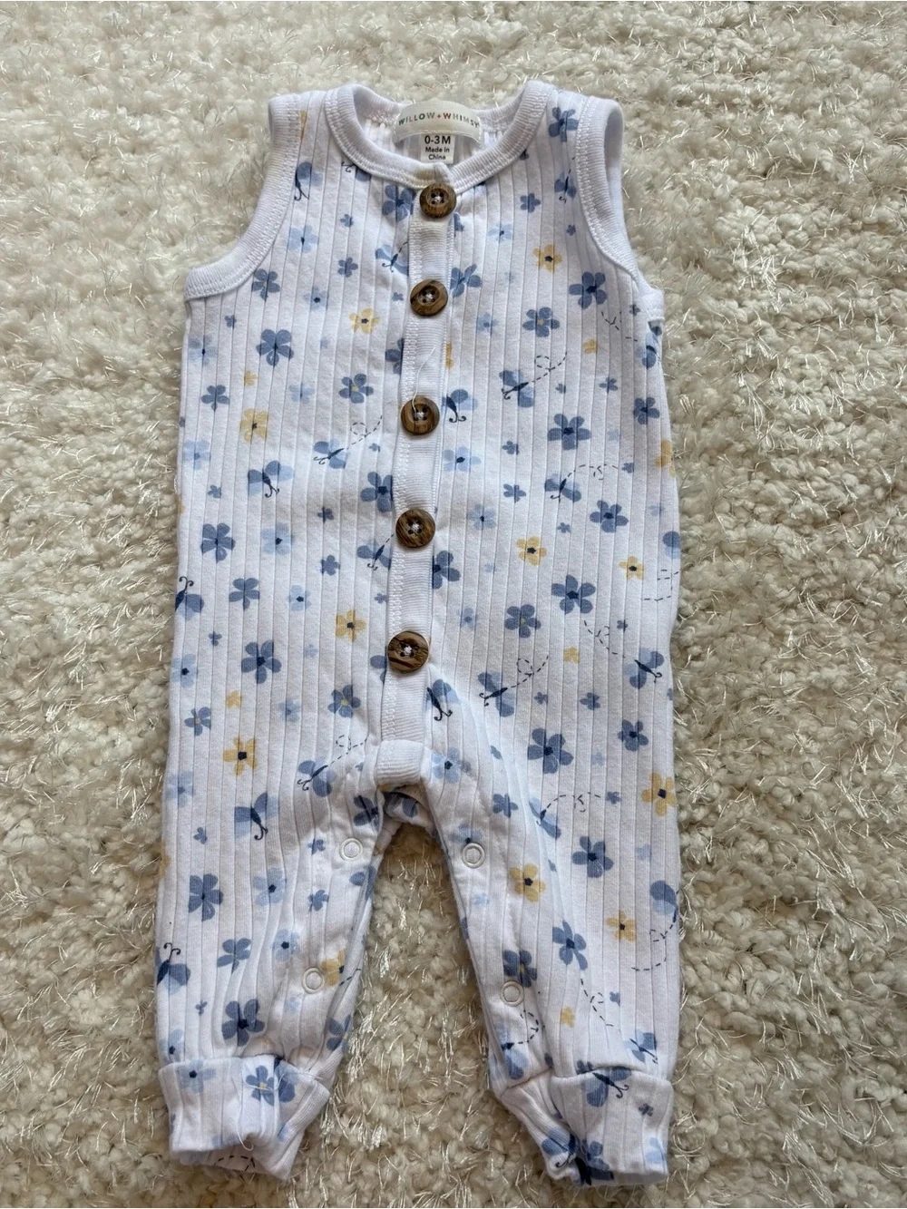 Willow+Whimsey Sleeveless Ribbed One-Piece Bodysuit in White with Blue Floral